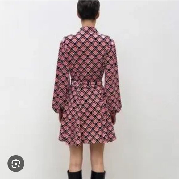 Zara NWOT Women's Size XS Pink Geo Print Velvet Belted Mini Shirt Dress - Picture 3 of 14